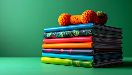 A vibrant stack of colorful books on pet care and training is topped with a bright orange dog toy. This scene represents the journey of learning and responsibility involved in pet ownership, blending education with the playful joy a furry companion brings into a home.の素材