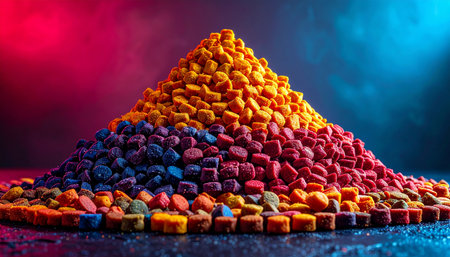 A massive, vibrant mountain of colorful polymer pellets rises from a dark surface, illuminated by dramatic red and blue light. This abstract landscape represents the foundational raw materials of modern manufacturing, symbolizing innovation, diversity in production, and the complex process of creation from simple components.の素材