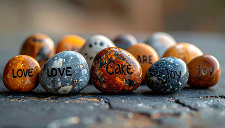 A collection of smooth, colorful stones rests on a rustic surface, each carrying a powerful, positive message. Words like Love, Care, and Joy serve as daily affirmations, blending natural beauty with heartfelt inspiration for mindfulness and well-being.の素材