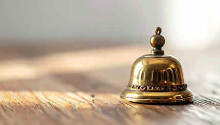A vintage brass service bell sits quietly on a rustic wooden counter, bathed in the warm glow of morning sunlight. It waits patiently to be rung, a timeless symbol of hospitality, prompt assistance, and the simple act of requesting attention.の素材