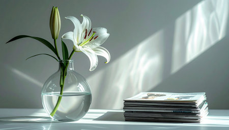 A single white lily stands gracefully in a clear glass vase, its petals illuminated by the soft morning light streaming through a window. The tranquil scene, with its gentle shadows and minimalist composition, evokes a sense of peace, quiet contemplation, and simple elegance.の素材