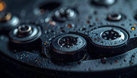 A detailed macro shot captures the intricate complexity of an industrial mechanism. Glistening water droplets bead on the metallic surface and screws, suggesting a story of exposure, resilience, or the cool, precise inner workings of advanced technology.の素材