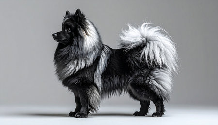 A stunning Keeshond stands proudly in a classic profile pose, its luxurious silver and black coat perfectly groomed. The studio lighting accentuates its magnificent plumed tail and intelligent expression, capturing the essence of this beautiful and companionable breed.の素材