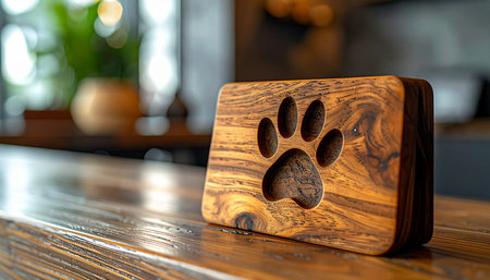 A beautifully crafted wooden object with a paw print cutout rests on a rustic table, bathed in soft, warm light. This simple yet elegant piece of decor symbolizes the love and companionship shared with a cherished pet, adding a touch of natural warmth to any home interior.の素材
