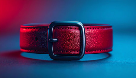 A close-up of a bold red leather belt, captured in a studio setting with dramatic, contrasting blue and red lighting. The vibrant, almost neon glow highlights the texture of the leather and the sleek metal buckle, creating a modern, edgy, and stylish fashion statement.の素材