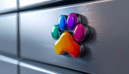 A vibrant, rainbow-colored paw print magnet adds a splash of cheerful color to a modern brushed steel surface. This close-up shot captures the glossy, 3D texture, symbolizing the love for a pet, diversity, and the joyful memories that make a house a home.の素材