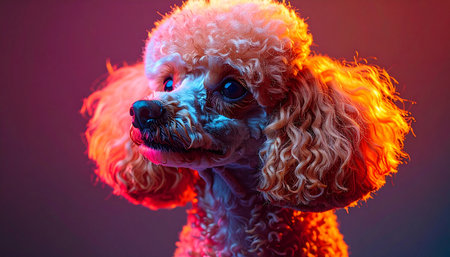 A stylish toy poodle poses for a dramatic portrait, illuminated by vibrant neon lights. The contrasting red and blue hues create a futuristic, high-fashion mood, highlighting the dogs perfectly groomed curly fur and elegant profile.の素材