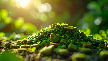In the soft glow of morning sunlight, a pile of nutrient-rich green pellets rests on the ground, symbolizing a new era of sustainable nutrition and harmony with nature. This macro view captures the promise of organic growth and eco-friendly solutions.の素材