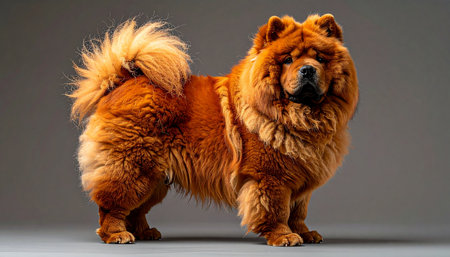 With a magnificent, lion-like mane and a dignified stance, this purebred Chow Chow poses for a regal portrait. Its thick, red coat and stoic expression convey a sense of ancient nobility and unwavering loyalty, making it a symbol of proud companionship.の素材