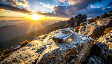 At the break of dawn, a satellite phone rests on a rugged mountain peak, its antenna pointed towards the sky. This vital piece of technology represents a lifeline and a connection to civilization, ensuring safety for an adventurer exploring the vast, remote wilderness.の素材