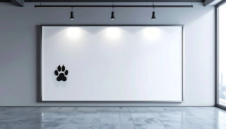 In a sleek, modern gallery with concrete floors and spotlights, a large blank screen awaits a message. A single paw print icon in the corner suggests a presentation focused on pet care, veterinary services, or a new brand for animal lovers, offering a clean and professional template for advertising.の素材
