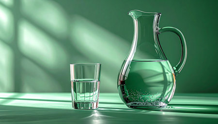 A simple glass pitcher and a waiting glass are filled with fresh, clear water. Bathed in the soft, diagonal rays of morning sunlight against a serene green backdrop, this scene evokes a sense of calm, purity, and a healthy start to the day.の素材
