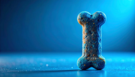 A single dog biscuit stands heroically in a dramatic blue spotlight, presented as the ultimate gourmet reward. This cinematic shot evokes a sense of premium quality, special treats, and the anticipation of a well-deserved prize for a beloved pet.の素材