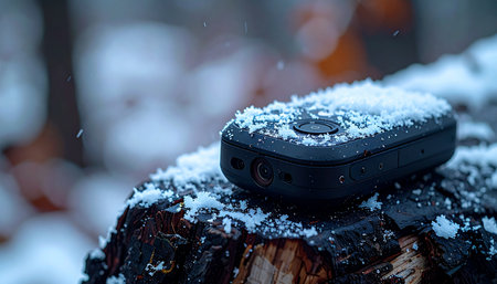 A durable, black GPS tracker rests on a snow-dusted tree stump in a quiet winter forest. The falling snow highlights its rugged, weather-resistant design, symbolizing adventure, survival, and the reliable connection of technology even in the most remote and challenging environments.の素材