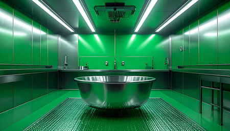 An otherworldly green glow illuminates a sterile, high-tech chamber. A large, polished metal basin sits at the center, its purpose unknown, creating a scene of futuristic mystery perfect for science fiction, technology, or medical concepts.の素材