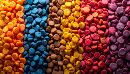 A vibrant cascade of colorful polymer pellets awaits transformation. Each granule, a building block of future innovation, represents a world of possibility in manufacturing and design. This macro view captures the texture and energy of raw materials at the very beginning of the production cycle.の素材