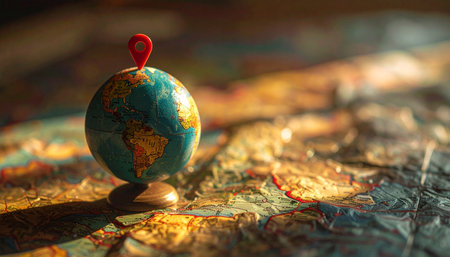In the warm glow of late afternoon light, a red pin marks the next great adventure on a small globe. The world map spread below holds endless possibilities, symbolizing the excitement of planning a journey, setting a goal, or targeting a new global market.の素材
