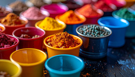 A vibrant tapestry of colors and aromas unfolds in this collection of exotic spices. Each bowl holds a promise of flavor, from fiery paprika to earthy turmeric, inviting a culinary journey around the world. The rich textures and brilliant hues are a feast for the senses.の素材