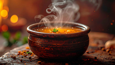 A steaming bowl of homemade soup rests on a rustic wooden table, its warmth a welcome comfort on a chilly evening. The soft glow of background lights creates a cozy and inviting atmosphere, perfect for a hearty, nourishing meal.の素材
