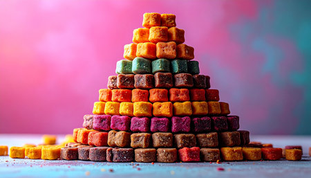 A magnificent pyramid of colorful, bite-sized fudge cubes stands tall against a dreamy, vibrant background. Each layer represents a different flavor and a step towards a sweet success, creating a playful and indulgent scene that tempts the senses and celebrates joyful moments.の素材