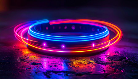 A vibrant portal of red and blue neon light spins with incredible speed, casting dynamic, colorful reflections on a wet, dark surface. This abstract image evokes a sense of futuristic technology, high-speed data transfer, and boundless energy, perfect for concepts of innovation and the digital frontier.の素材