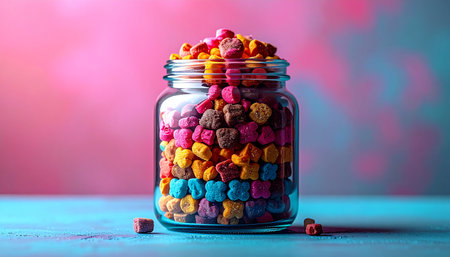 A clear glass jar is filled to overflowing with a vibrant mix of colorful, star-shaped cereal. Set against a dreamy pink and blue background, this image evokes feelings of childhood joy, sweet indulgence, and playful abundance.の素材