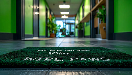 A welcoming doormat with the playful message Please Wipe Paws sits at the entrance of a vibrant green hallway. This low-angle perspective invites you into a modern, pet-friendly space, with the long corridor creating leading lines towards a bright doorway, symbolizing a new beginning or destination.の素材
