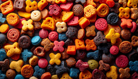 A delightful and colorful medley of crunchy kibble, offering a feast for the eyes and a nutritious meal for a beloved pet. Each unique shape and vibrant hue promises a playful and tasty experience, turning mealtime into a moment of joy.の素材