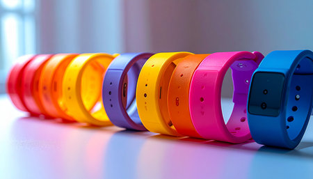 A vibrant spectrum of smart fitness wristbands lined up, offering a personalized choice for every style. This collection represents the fusion of technology and wellness, allowing individuals to track their health goals with a splash of color.の素材