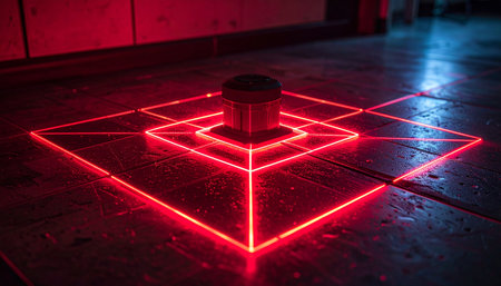 A high-tech security system casts an intricate grid of red laser beams across a dark, industrial floor. The glowing lines create a forbidden zone, protecting a central, mysterious object and evoking a sense of futuristic surveillance and danger.の素材