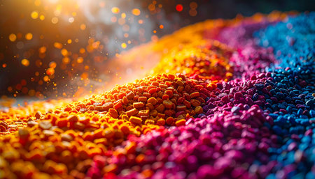 A brilliant explosion of vibrant powders erupts in a wave of color, illuminated by a warm, festive light. This macro view captures the dynamic energy and joyous spirit of celebration, creating a textured and abstract background full of life and happiness.の素材