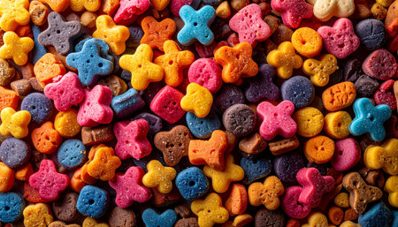 A vibrant, macro-level view of a pile of multi-colored, shaped breakfast cereal. This playful and nostalgic texture evokes the fun and sugary delight of a classic childhood morning, perfect for backgrounds related to food, fun, and happiness.の素材