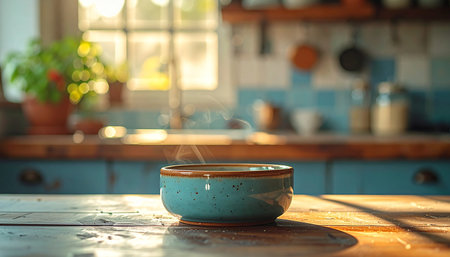 A warm bowl of soup steams gently on a rustic wooden table, bathed in the golden light of the morning sun. The cozy, out-of-focus kitchen in the background creates a sense of peace, comfort, and a simple, wholesome start to the day.の素材