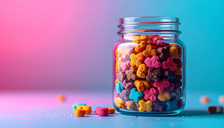 A glass jar overflows with a rainbow of tiny, star-shaped candies, glowing against a dreamy pink and blue background. This whimsical scene captures the magic of childhood dreams and sweet, colorful moments.の素材