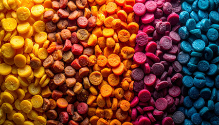 A macro top-down view captures a colorful spectrum of raw polymer granules. The transition from yellow and orange to magenta and blue showcases the variety of pigments used in modern manufacturing, symbolizing choice, innovation, and the foundational materials of industrial production.の素材