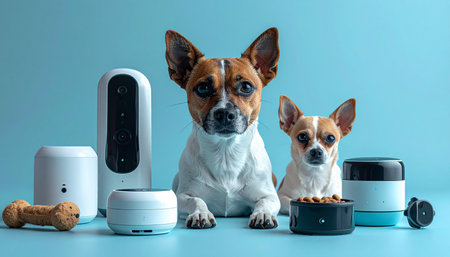 In a world of smart homes and connected living, two canine companions pose proudly with their collection of high-tech gadgets. From automatic feeders to interactive cameras, these modern devices represent the future of pet care, ensuring convenience for owners and enhanced wellbeing for their beloved animals.の素材