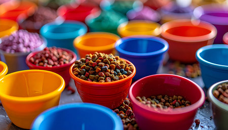 A vibrant buffet of dry pet food, with each colorful bowl offering a different flavor or nutritional blend. This display represents the wide variety of choices available for pet owners to cater to their furry friends specific dietary needs and preferences.の素材