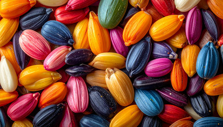 A macro top-down view captures a vibrant explosion of color, featuring a pile of seeds each painted in a unique, brilliant hue. This textured background symbolizes creativity, diversity, and joyful energy, perfect for artistic and celebratory themes.の素材