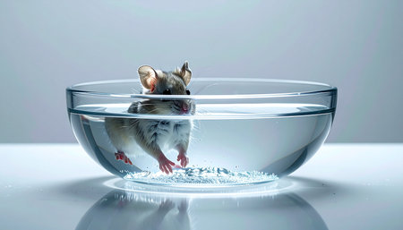 A small laboratory mouse swims in a clear glass bowl, a stark visual representing a forced swim test. This powerful image symbolizes concepts of survival, stress, endurance, and the ethical dilemmas of animal testing and scientific research in a controlled, clinical environment.の素材