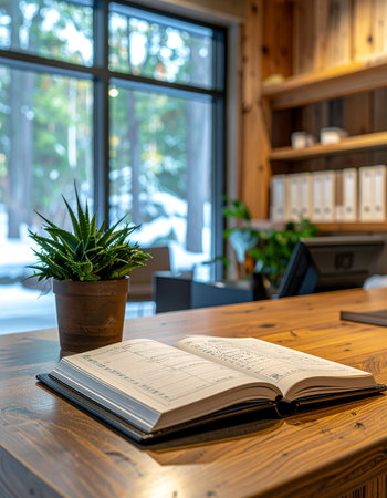 An open book rests on a rustic wooden desk, inviting a moment of quiet study. Through a large window, a serene winter forest covered in snow provides a tranquil backdrop, creating a perfect cozy retreat for focus and learning.の素材
