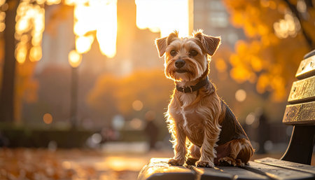 A small, loyal Yorkshire Terrier sits patiently on a park bench, bathed in the warm, golden glow of an autumn sunset. The city fades into a beautiful bokeh background, highlighting a quiet moment of peace and companionship.の素材
