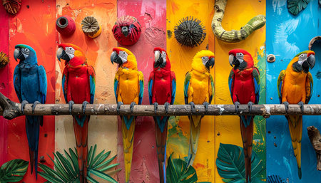 A stunning lineup of vibrant macaw parrots sits together against an equally colorful backdrop, creating a spectacular display of tropical beauty and avian camaraderie. Each bird, with its unique plumage, contributes to a living rainbow, symbolizing diversity and the lively spirit of the jungle.の素材