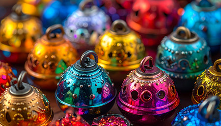 A dazzling collection of ornate, jewel-toned jingle bells lies in a vibrant pile. Each bell, with its intricate metalwork, catches the light, promising the cheerful sounds of the holiday season and festive celebrations.の素材