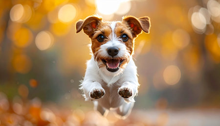 A joyful Jack Russell Terrier puppy leaps through the air with pure excitement on a beautiful autumn day. Bathed in the warm glow of the golden sunlight, its happy expression and energetic jump capture a perfect moment of carefree fun and the simple pleasures of playing outdoors.の素材
