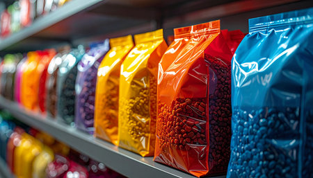 A vibrant array of colorful coffee bags lines a store shelf, offering a wide selection for discerning customers. The bright packaging stands out, promising fresh, aromatic beans and a perfect start to the day.の素材