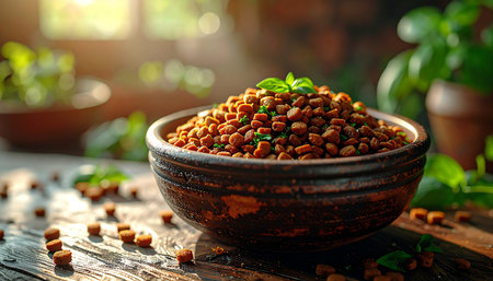 A rustic ceramic bowl brims with freshly cooked chickpeas, garnished with a sprig of green herbs. Bathed in the warm glow of natural sunlight, this wholesome meal evokes a sense of comfort, health, and slow living on a rustic wooden table.の素材