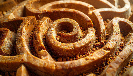 A detailed macro photograph captures the intricate spiral of an ancient stone carving. Bathed in warm, golden light, the weathered texture and accumulated dust tell a story of time, forgotten craftsmanship, and the enduring beauty of historical artifacts.の素材