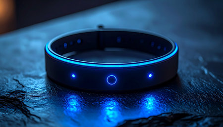 In a dimly lit room, a futuristic smart device awakens, its blue interface glowing with intelligent light. Resting on a cool, stone surface, it symbolizes the dawn of a new era in artificial intelligence, connectivity, and seamless smart home integration.の素材