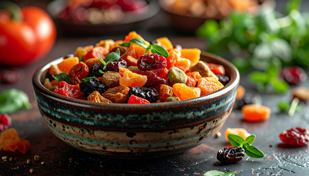A beautifully crafted ceramic bowl overflows with a vibrant medley of artisanal dried fruits. Sun-dried apricots, sweet cranberries, and rich raisins create a colorful tapestry of natural sweetness, offering a wholesome and energizing snack. Set against a rustic, dark wood background, this image evokes a sense of natural abundance and healthy indulgence.の素材