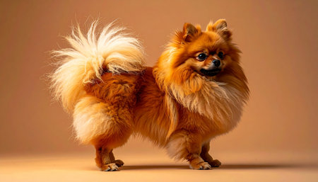 With a proud stance and a magnificent plumed tail, this elegant Pomeranian poses for a studio portrait. Its luxurious orange coat and confident expression capture the charm and beauty of a well-loved and pampered companion, embodying pure poise and canine grace.の素材